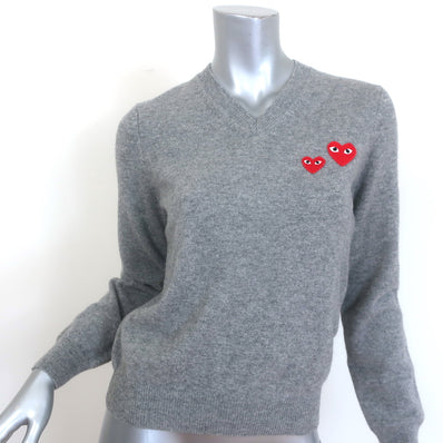 PLAY Comme des Garcons Double Heart V-Neck Sweater Light Gray Wool Size Medium