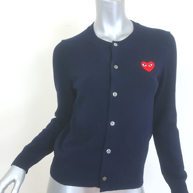 PLAY Comme des Garcons Heart Cardigan Navy Wool Size Small Crewneck Sweater