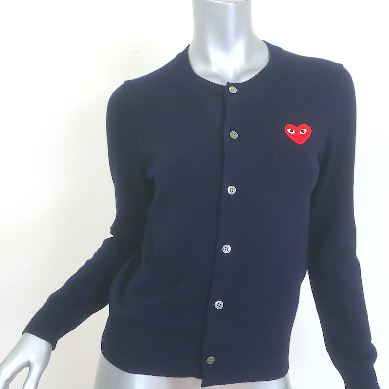 PLAY Comme des Garcons Heart Cardigan Navy Wool Size Small Crewneck Sweater