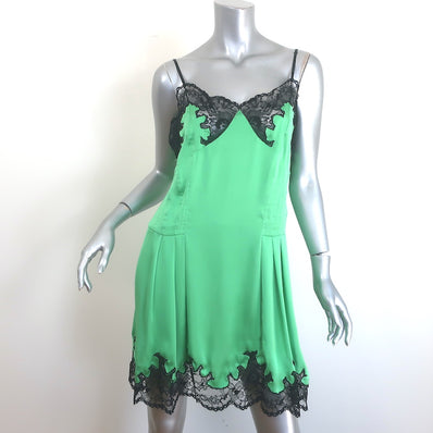 Paco Rabanne Lace-Trim Mini Slip Dress Light Green Pleated Satin Size 42