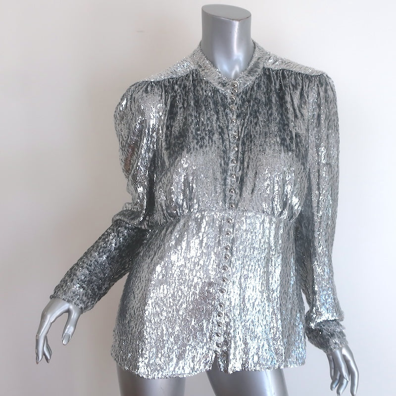 Paco Rabanne Lame Fil Coupe Button-Front Long Sleeve Blouse 