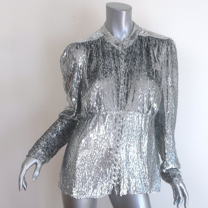 Paco Rabanne Lame Fil Coupe Button-Front Long Sleeve Blouse 