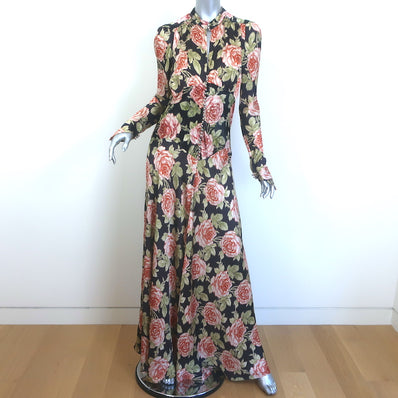 Paco Rabanne Long Sleeve Maxi Dress Black Floral Print Velvet & Satin Size 40