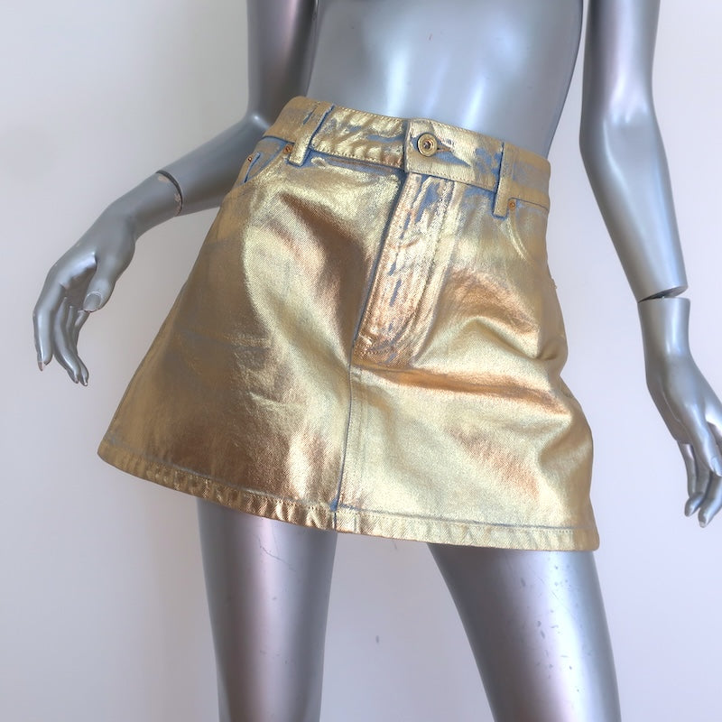 Paco Rabanne Metallic-Coated Denim Mini Skirt Gold 