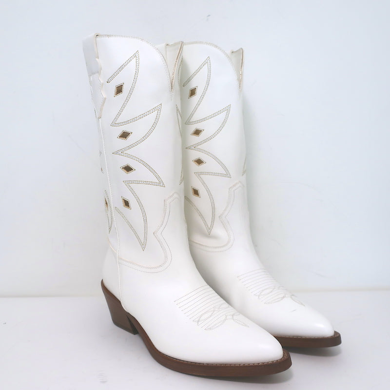 Partlow Abigail 55 Metallic-Embroidered Cowboy Boots White Leather Size 39