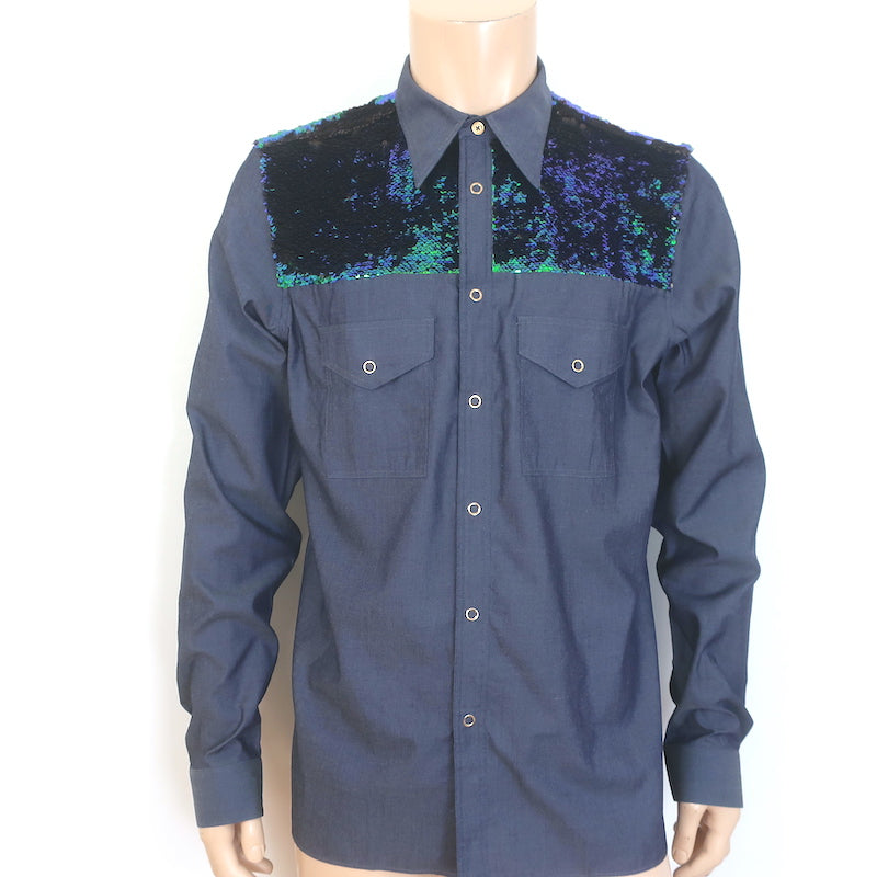 Paul Smith Sequined Yoke Snap-Front Shirt Blue Chambray Size Extra Lar – Celebrity Owned Paul Smith Sequined Yoke Snap-Front Shirt Blue Chambray Size Extra Lar – Celebrity Owned