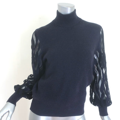 Peserico Lace-Sleeve Turtleneck Sweater Navy Ribbed Wool Size 38 NEW