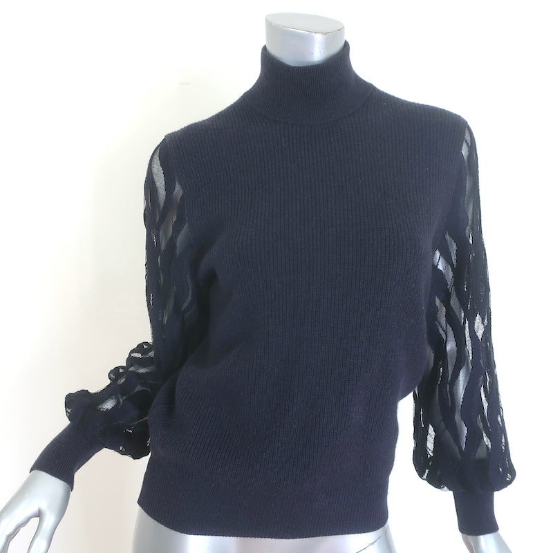 Peserico Lace-Sleeve Turtleneck Sweater Navy Ribbed Wool Size 38 NEW