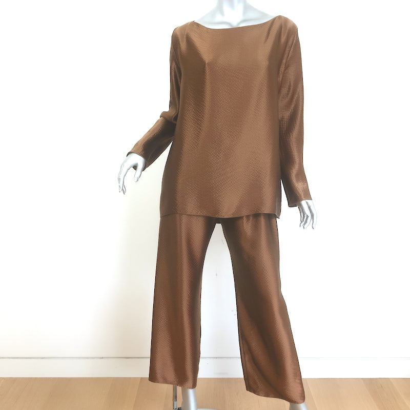 Peter Cohen Hammered Silk Blouse & Cropped Pull-On Pants Set Brown Size Medium