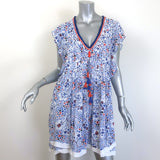 Poupette St Barth Mila tassel-embellished mini dress in white and blue, lightweight woven fabric, pre-owned and gently worn