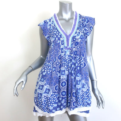 Poupette St Barth Sasha Fringed Mini Dress Blue Printed Viscose Size Extra Small