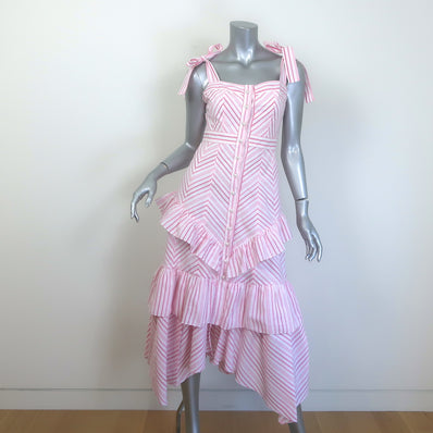 Prabal Gurung Tie-Strap Ruffled Midi Dress Pink/White Striped Cotton Size 6