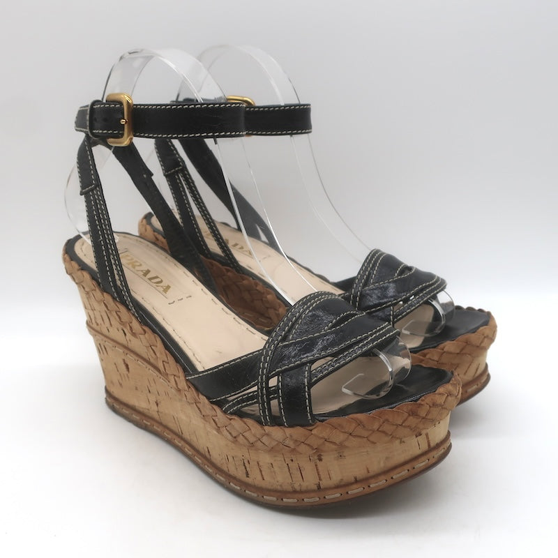 Prada Ankle Strap Cork Platform Wedge