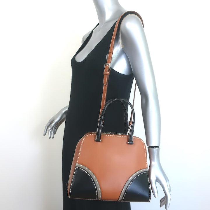 Prada City Stitch Pyramid Satchel Brown &amp; Black Leather Medium Crossbody Bag