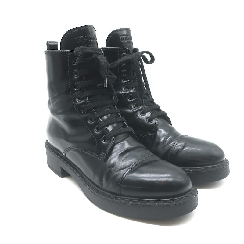 Prada Combat Boots Black Brushed Leather Size 40