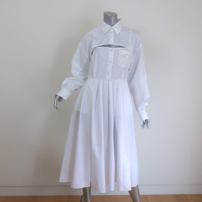 Prada Convertible Pleated Midi Dress White Cotton Poplin Size 40 NEW