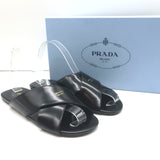 Prada Crisscross Flat Slide Sandals Black Brushed Leather Size 38