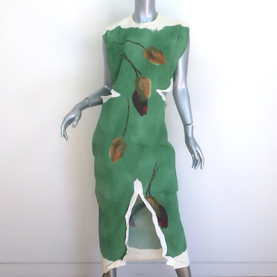 Prada Cutout-Back Sleeveless Midi Dress Green Leaf Print Paper Fabric Size 38