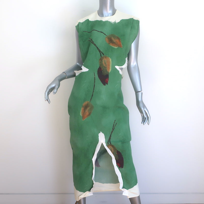 Prada Cutout-Back Sleeveless Midi Dress Green Leaf Print Paper Fabric Size 38