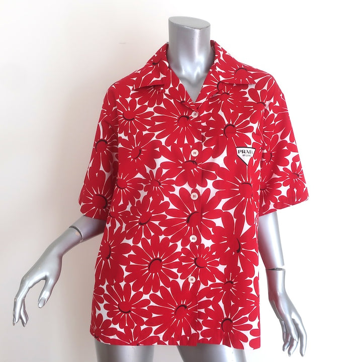Prada Daisy Print Short Sleeve Button Down Shirt Red/White 