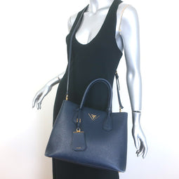 Prada Double Medium Tote Navy Saffiano Leather Shoulder Bag