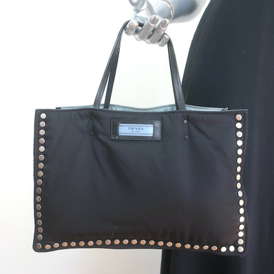Prada Etiquette Studded Tessuto Nylon Tote Black
