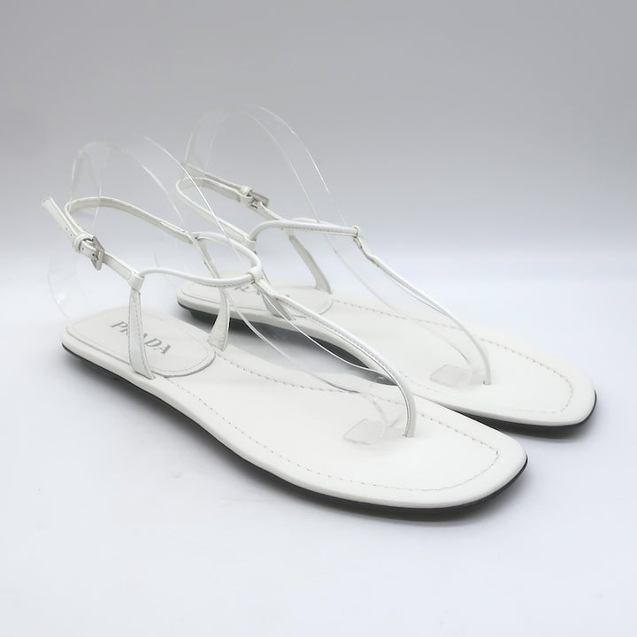Prada Flat Thong Sandals White Patent Leather Size 41