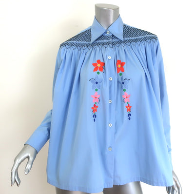 Prada Floral-Embroidered Button Down Shirt Blue Smocked Cotton Size 36