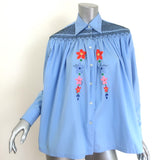 Prada Floral-Embroidered Button Down Shirt Blue Smocked Cotton Size 36
