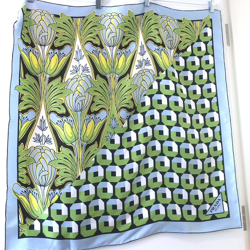 Prada Floral & Geometric Print Silk Twill Square Scarf Blue/Green