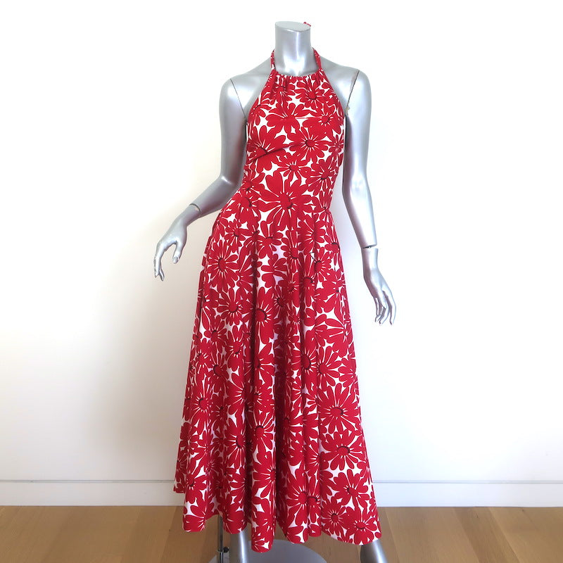 Prada Floral Print Tie-Back Midi Halter Dress Red/White 