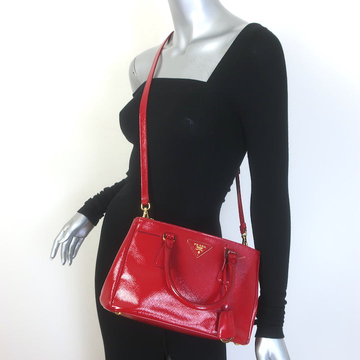 Prada Galleria Small Double-Zip Tote Red Saffiano Patent 