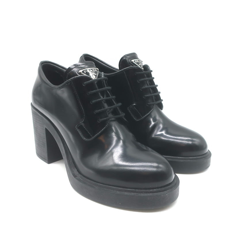 Prada Heeled Lace-Up Loafers Black Brushed Leather Size 37