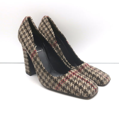 Prada houndstooth tweed square-toe pumps in brown, pre-owned gently worn luxury heels