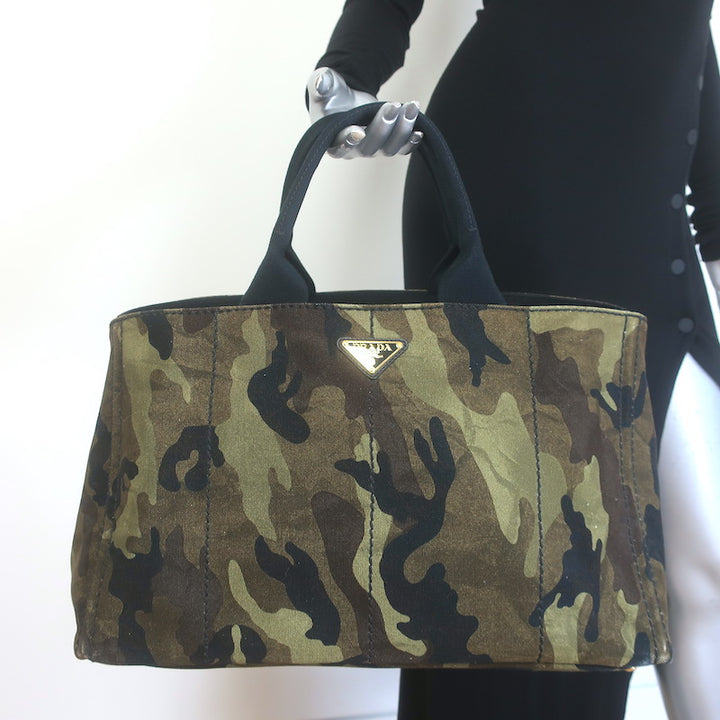 Prada Large Canapa Camo Tote Bag Army Green Canvas