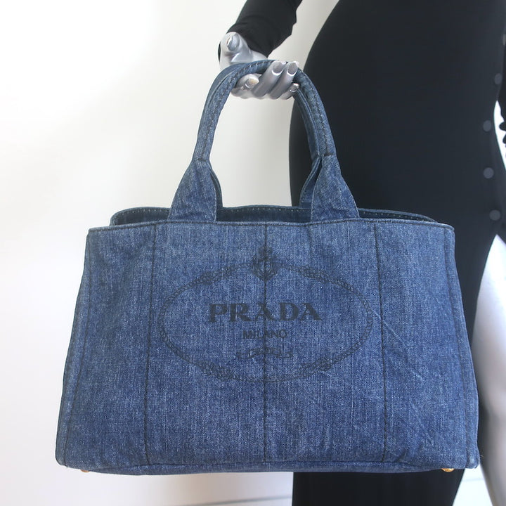 Prada Large Canapa Denim Tote Bag Dark Blue