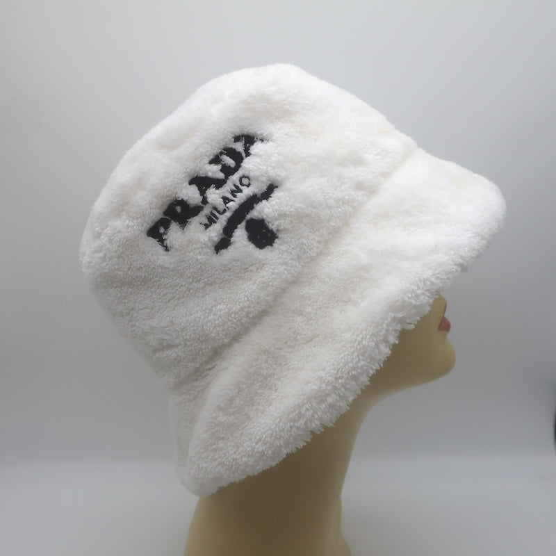 Prada Logo-Embroidered Terry Cloth Bucket Hat White