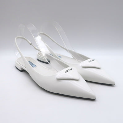 Prada Logo Pointed Toe Slingback Ballet Flats White