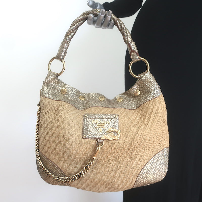 Prada Metallic Snakeskin-Trimmed Raffia Medium Hobo Bag 