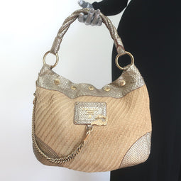Prada Metallic Snakeskin-Trimmed Raffia Medium Hobo Bag 