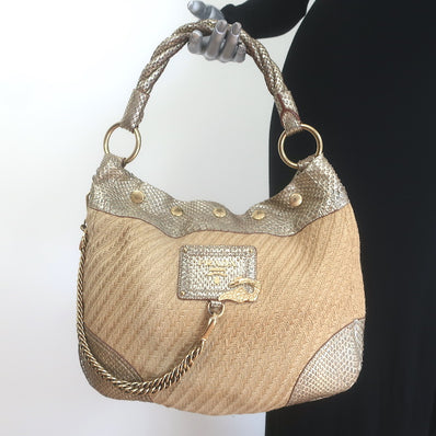 Prada Metallic Snakeskin-Trimmed Raffia Medium Hobo Bag 