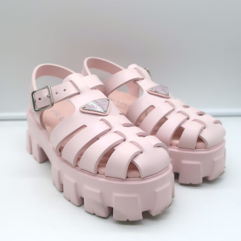 Prada Monolith Rubber Cage Sandals Baby Pink Size 37 Platform Slingback