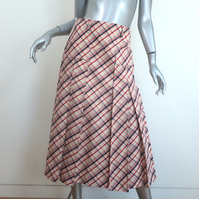 Prada Plaid Pleated Midi Skirt Ivory/Red/Navy Virgin Wool Size 40