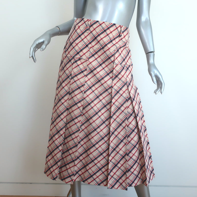 Prada Plaid Pleated Midi Skirt Ivory/Red/Navy Virgin Wool Size 40