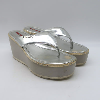 Prada Platform Wedge Thong Sandals Silver 