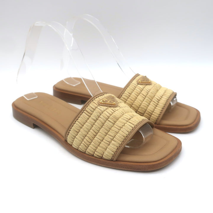 Prada Raffia Slide Sandals Natural Size 39