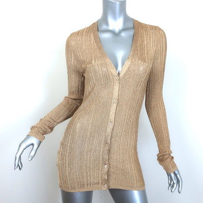 Prada Ribbed Lamé Cardigan Gold Metallic Knit Size 42 V-Neck Sweater