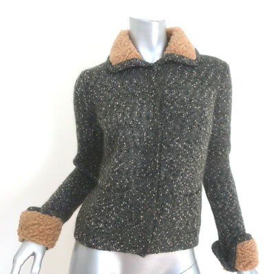 Prada Shearling-Trimmed Cardigan Charcoal Mohair-Blend Speckled Knit Size 42