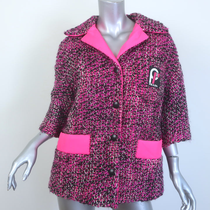 Prada Short Sleeve Tweed Puffer Jacket Pink Wool-Blend Size 38