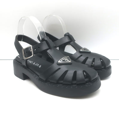 Prada soft-cage rubber fisherman sandals in black, authentic pre-owned luxury, size 35, gently worn